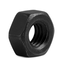 Photo of One black metal hex nut on white background