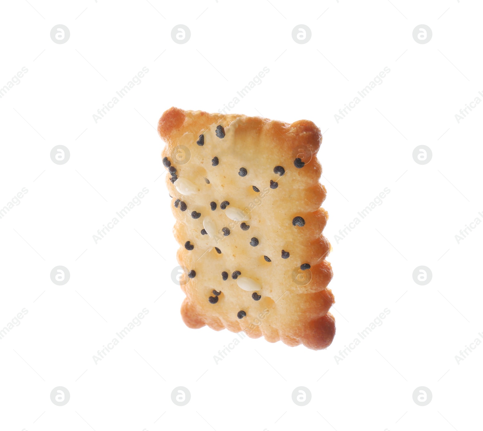 Photo of Delicious crispy cracker with poppy and sesame seeds isolated on white