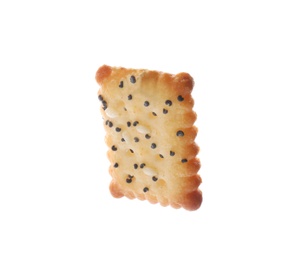 Photo of Delicious crispy cracker with poppy and sesame seeds isolated on white