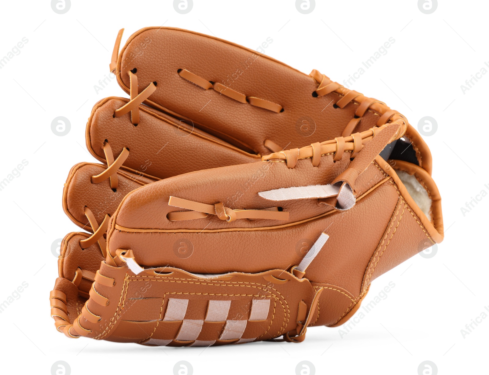 Photo of Brown baseball glove isolated on white. Sports equipment