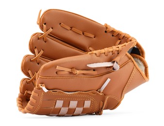 Photo of Brown baseball glove isolated on white. Sports equipment