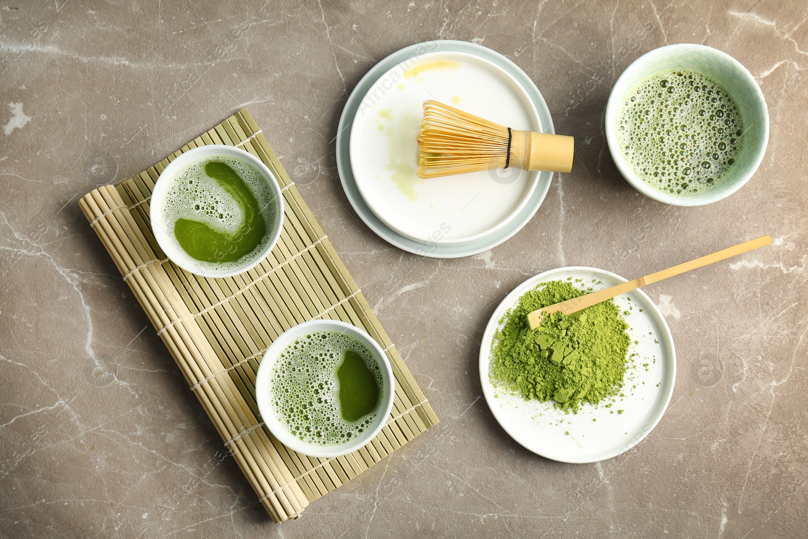 Photo of Flat lay composition with matcha tea on table