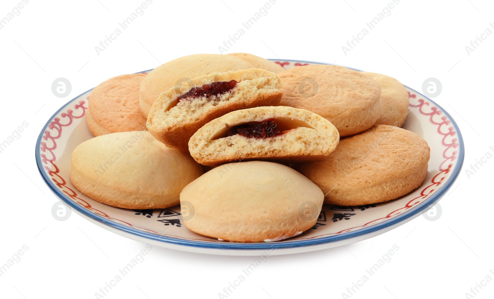 Photo of Plate with cookies for Islamic holidays isolated on white. Eid Mubarak