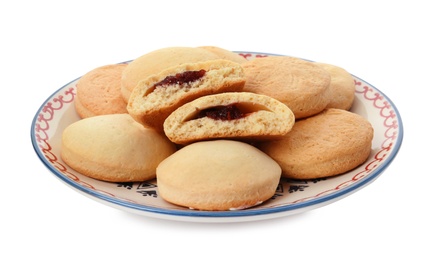 Plate with cookies for Islamic holidays isolated on white. Eid Mubarak