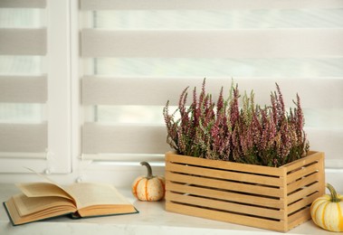 Beautiful heather flowers in crate, book and pumpkins on white windowsill indoors