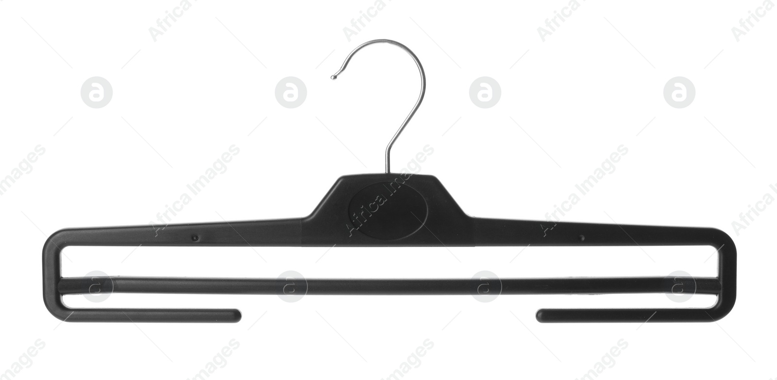 Photo of Empty plastic hanger isolated on white. Wardrobe accessory