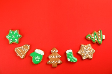 Photo of Tasty homemade Christmas cookies on color background, top view