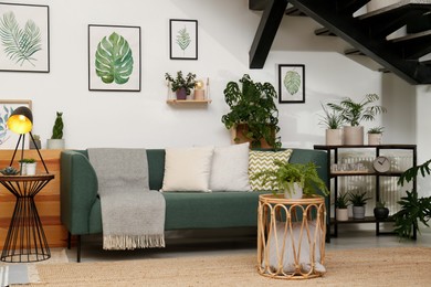 Photo of Stylish living room interior with comfortable sofa and green plants