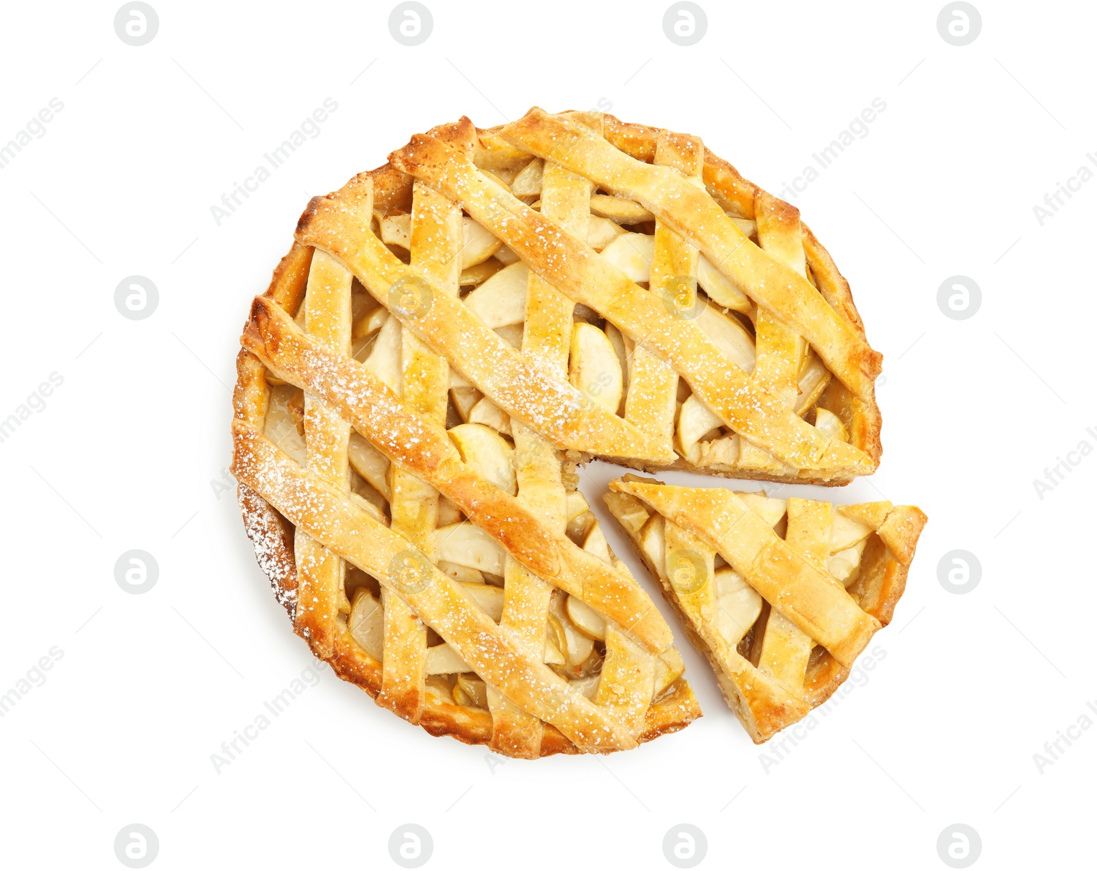 Photo of Delicious traditional apple pie isolated on white, top view