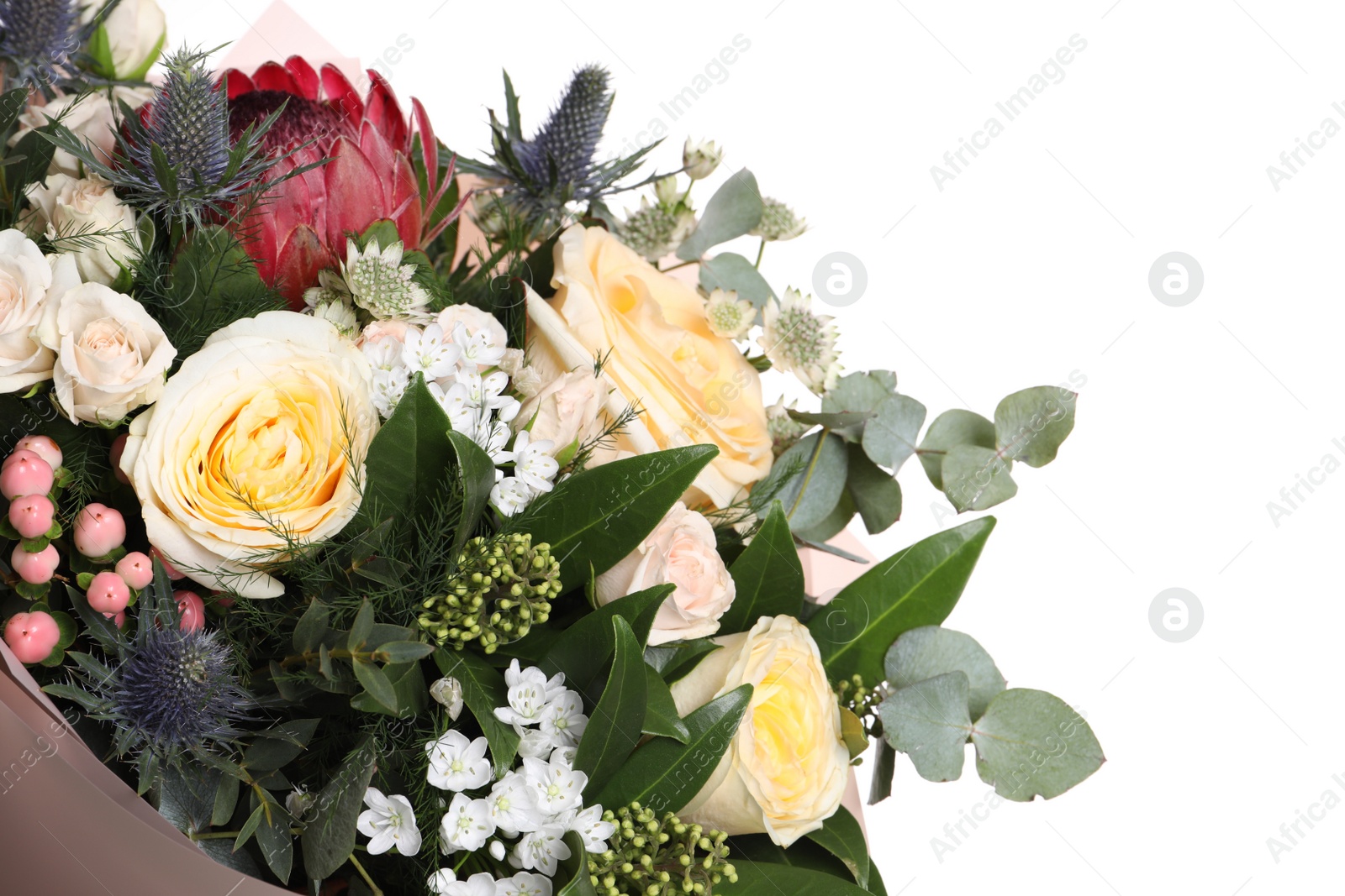 Photo of Beautiful bouquet with roses on white background, closeup