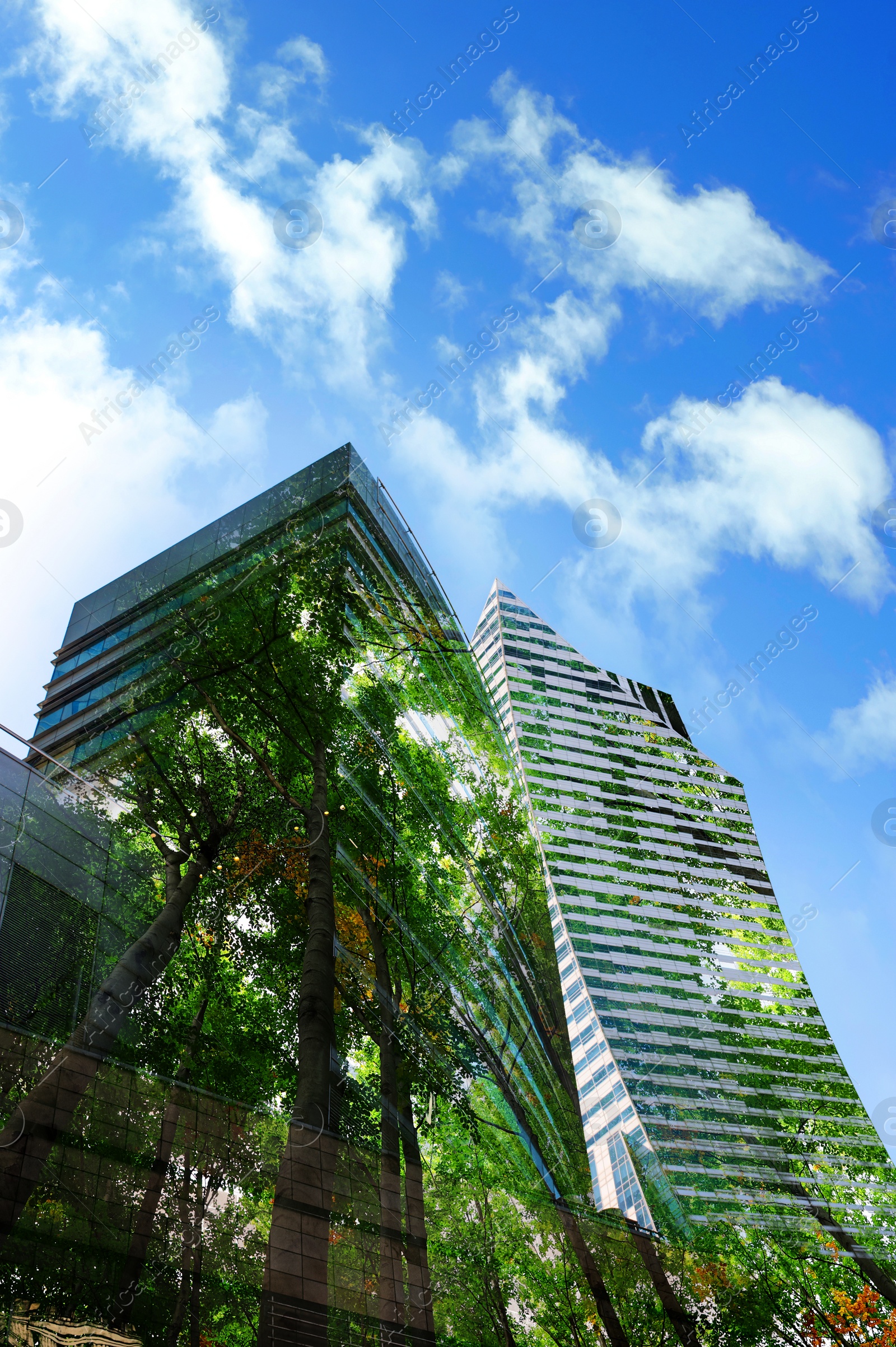 Image of Double exposure of green trees and buildings in city