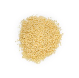 Pile of raw couscous on white background, top view