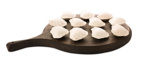 Photo of Raw delicious dumplings (varenyky) on white background