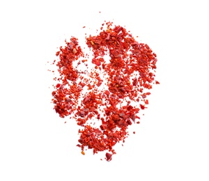 Photo of Chili pepper flakes on white background, top view