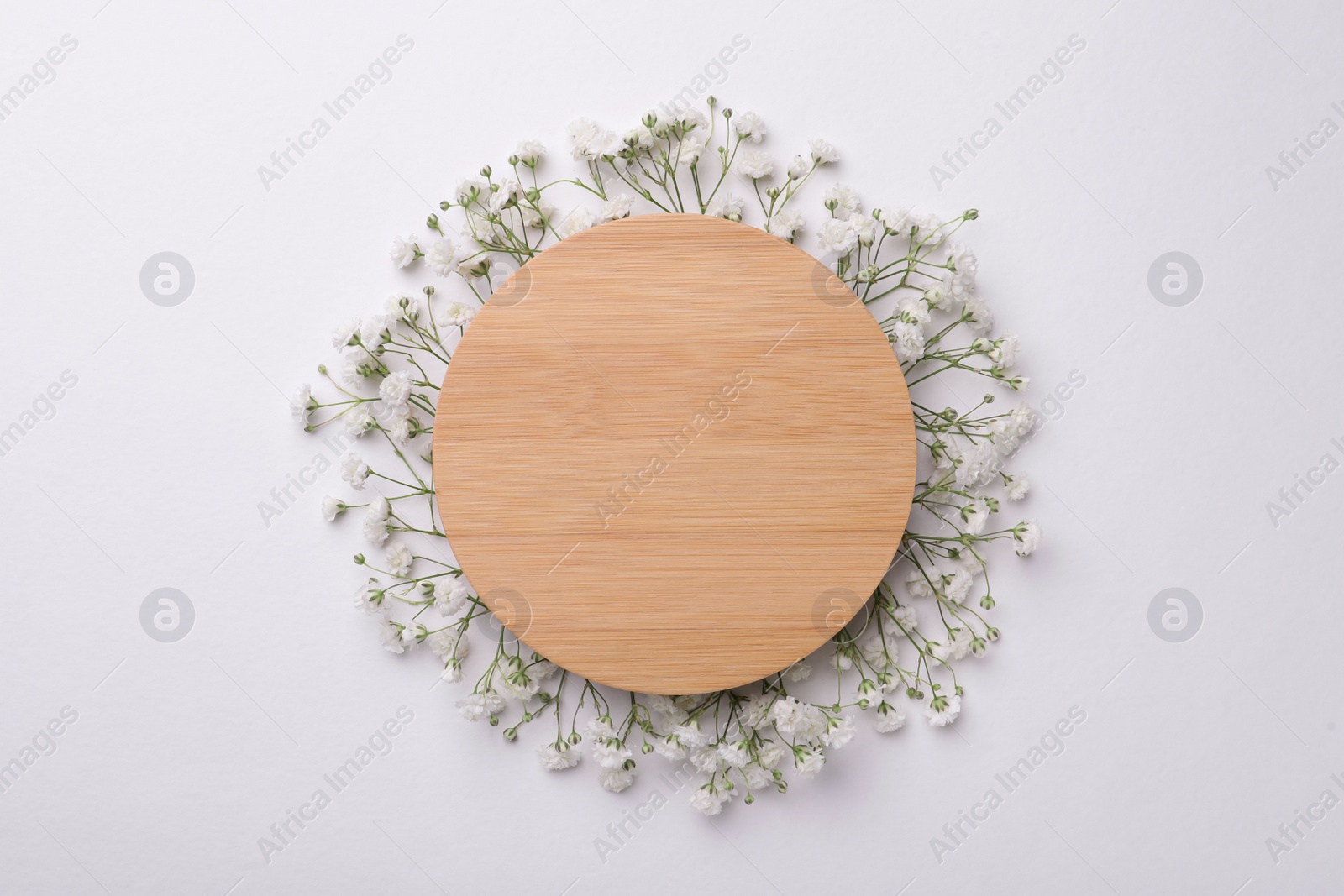 Photo of Blank wooden board with beautiful gypsophila flowers on white background, top view. Space for text