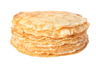 Photo of Stack of tasty thin pancakes on white background