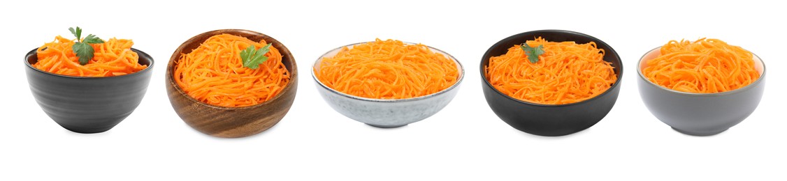 Image of Set with tasty Korean carrot salad on white background. Banner design