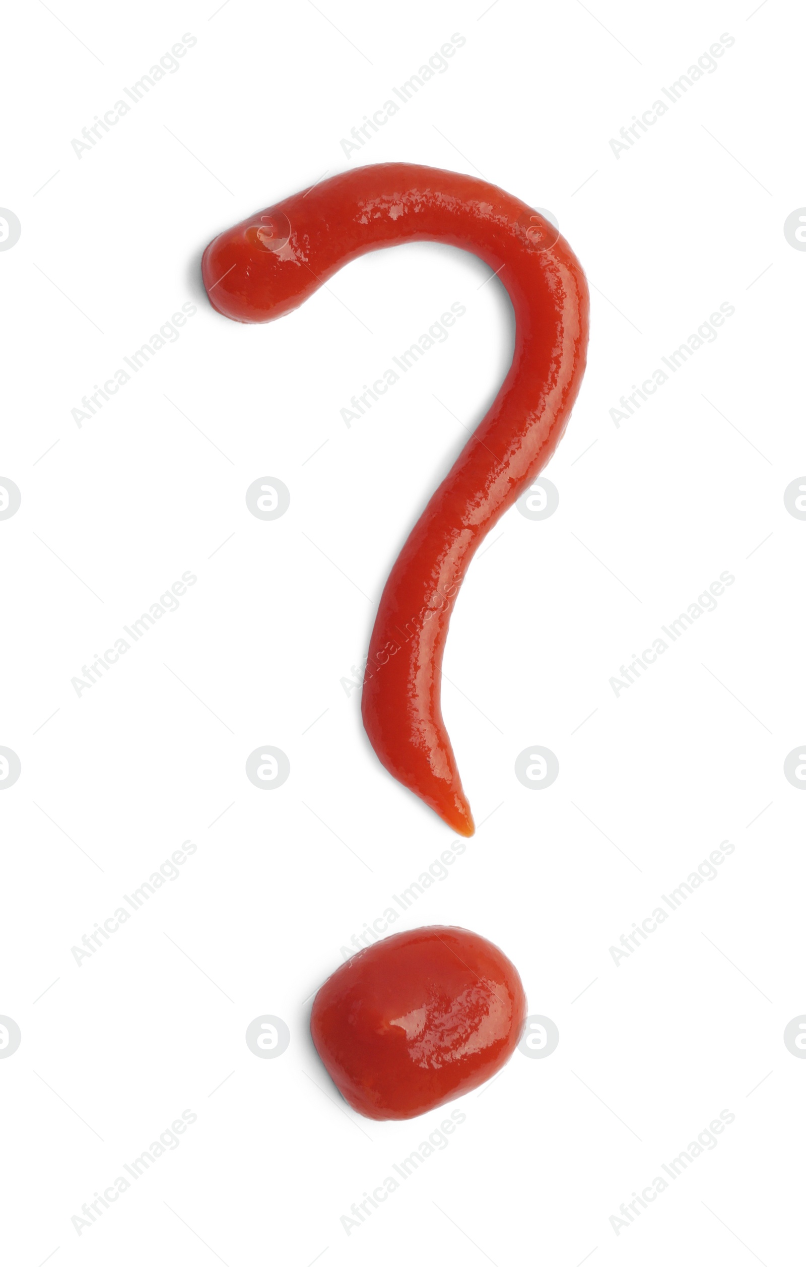 Photo of Question mark drawn by ketchup on white background