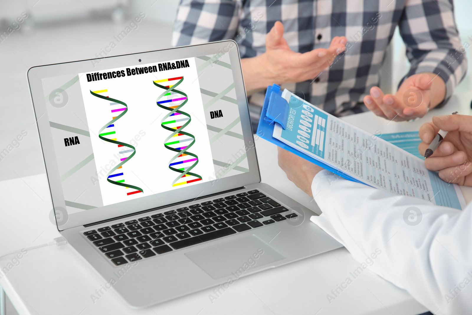 Image of DNA research. Doctor with patient in hospital, closeup