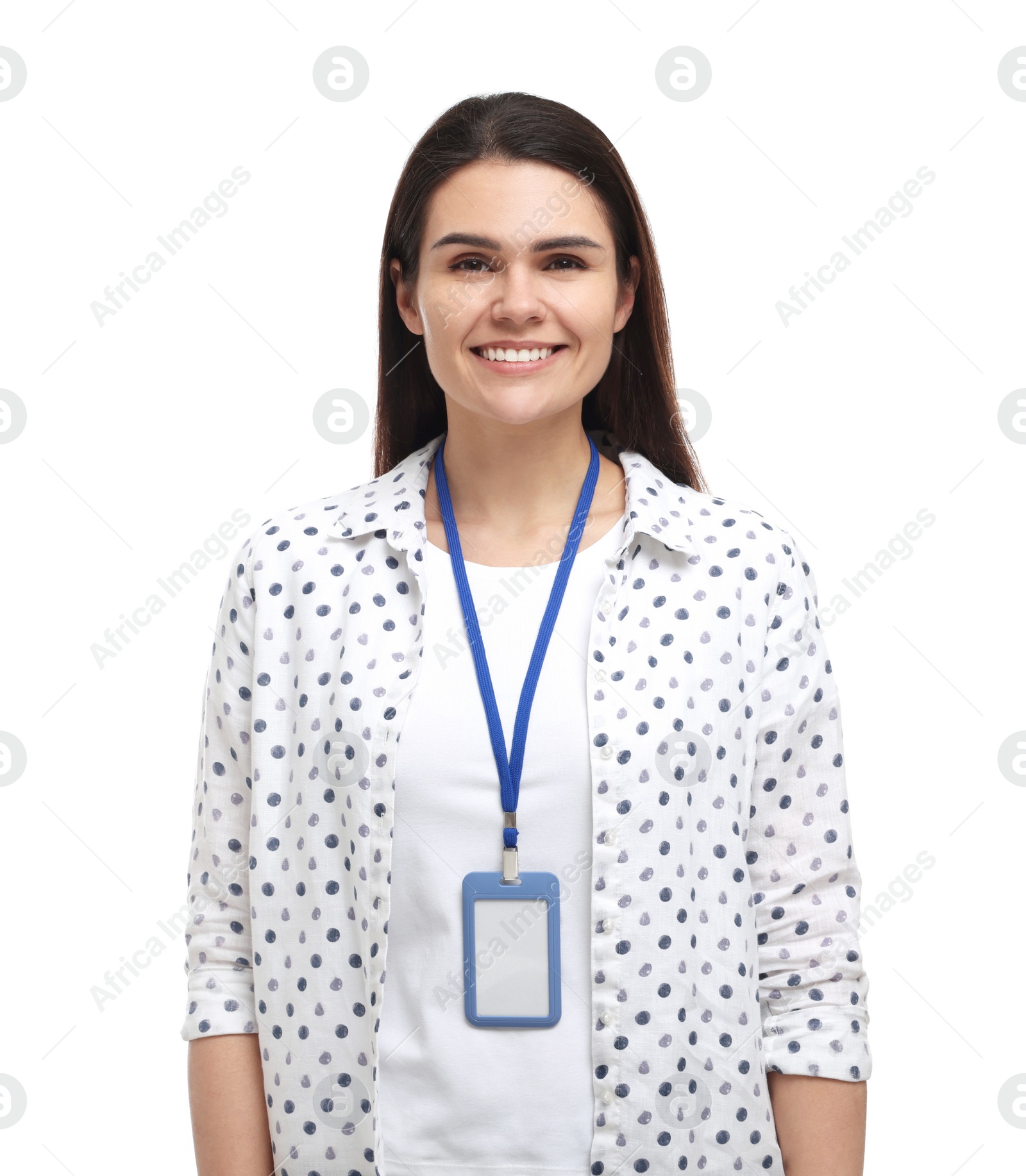 Photo of Happy woman with vip pass badge on white background