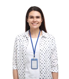 Happy woman with vip pass badge on white background