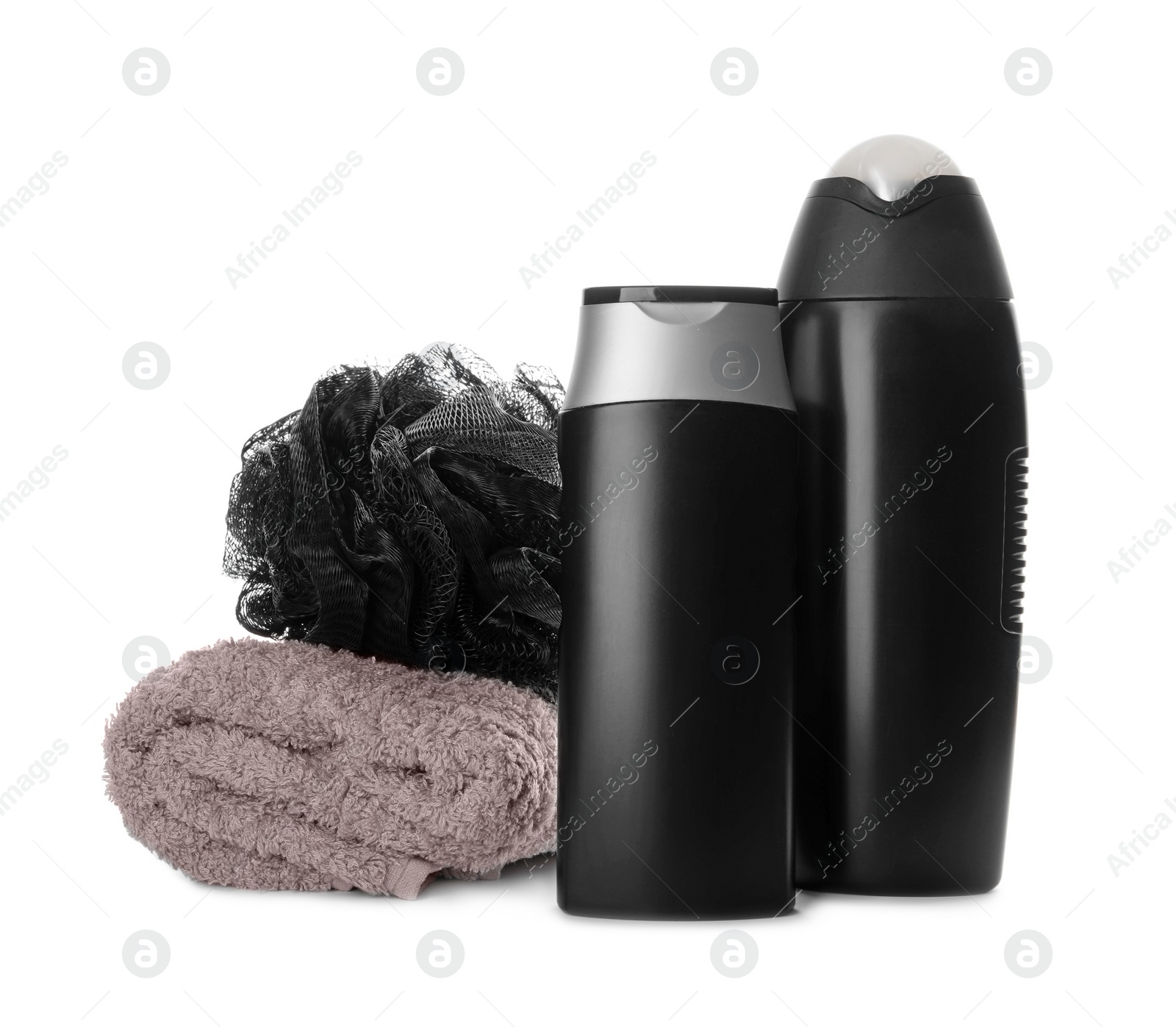 Photo of Personal hygiene products with towel and shower puff on white background