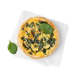 Photo of Delicious pie with spinach isolated on white, top view