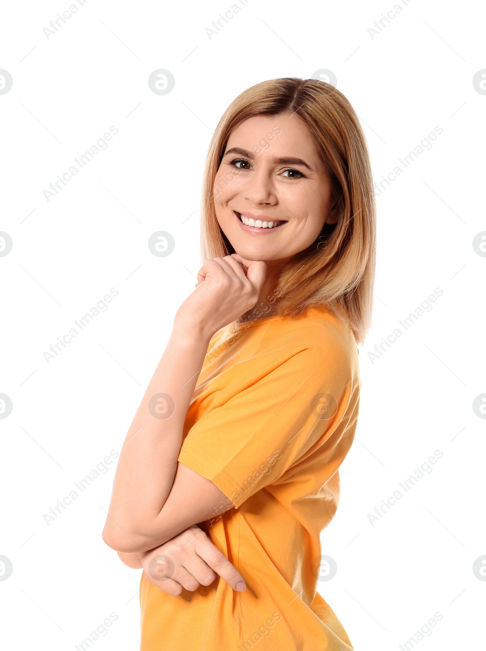 Photo of Portrait of beautiful woman posing on white background