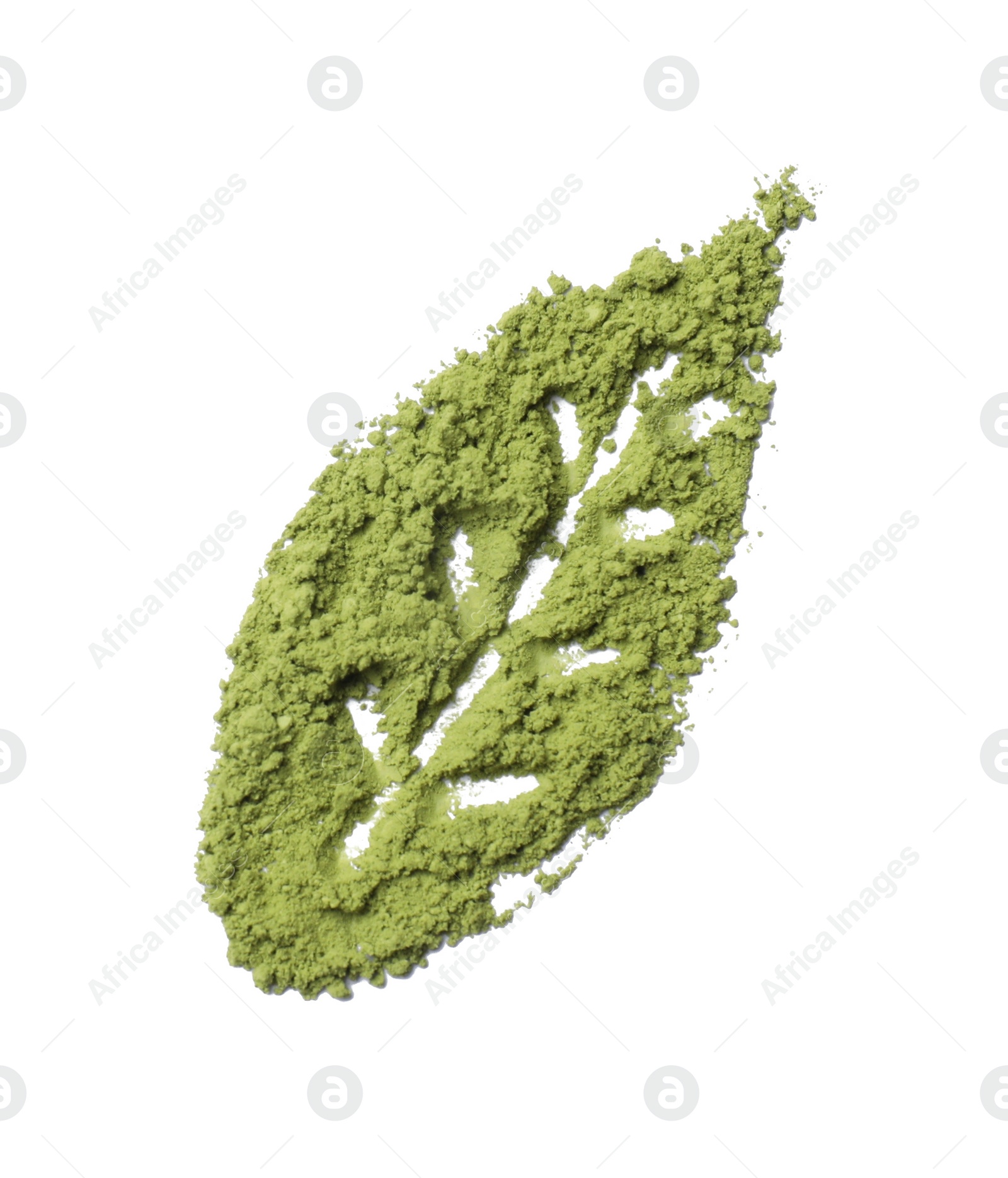 Photo of Leaf made of green matcha powder isolated on white, top view