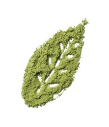 Photo of Leaf made of green matcha powder isolated on white, top view