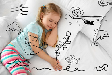 Sweet dreams. Cute little girl sleeping. Dolphins. whale and other sea illustrations on foreground