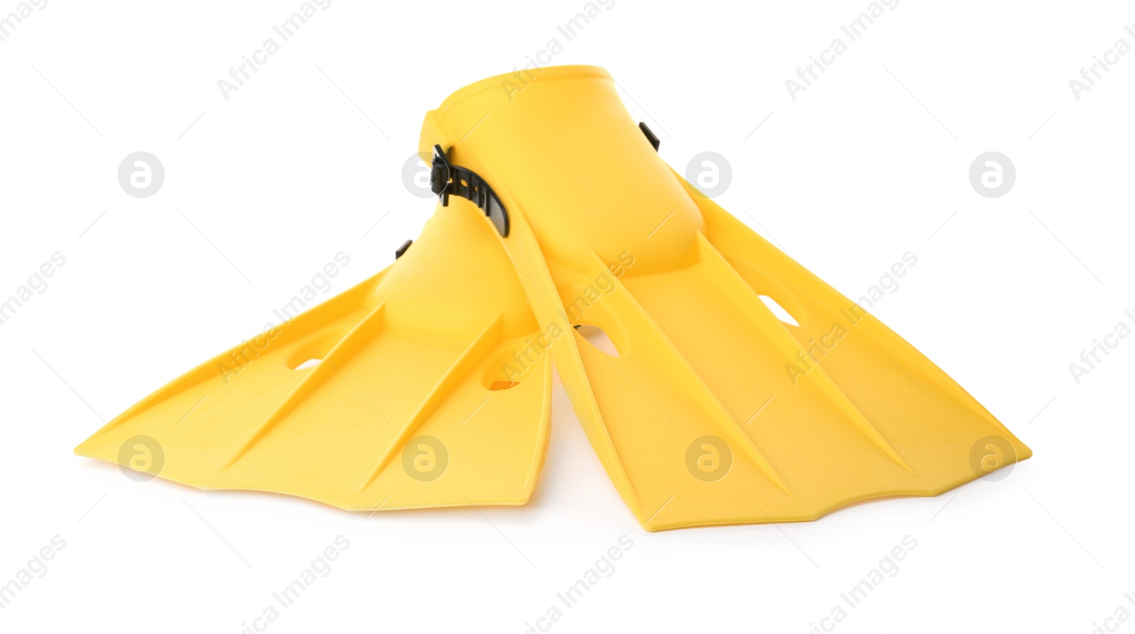 Photo of Pair of yellow flippers on white background