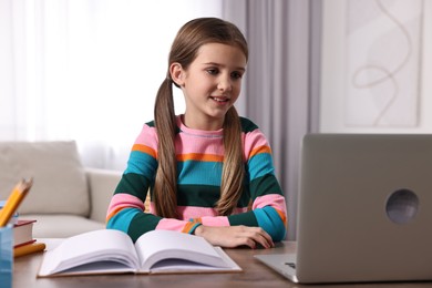 E-learning. Cute girl using laptop during online lesson at table indoors