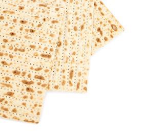 Photo of Passover matzos isolated on white, top view. Pesach celebration