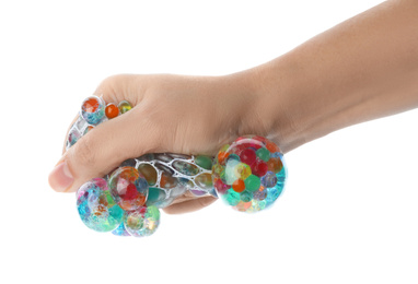 Photo of Woman squeezing colorful slime isolated on white, closeup. Antistress toy