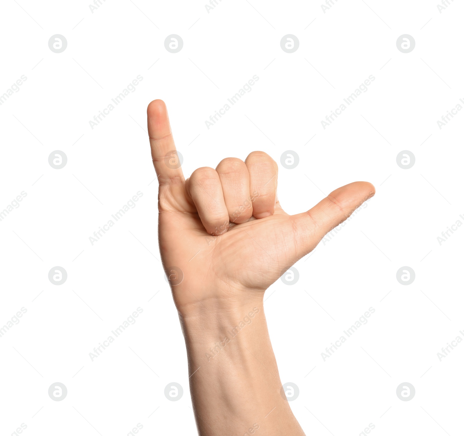 Photo of Man showing Y letter on white background, closeup. Sign language