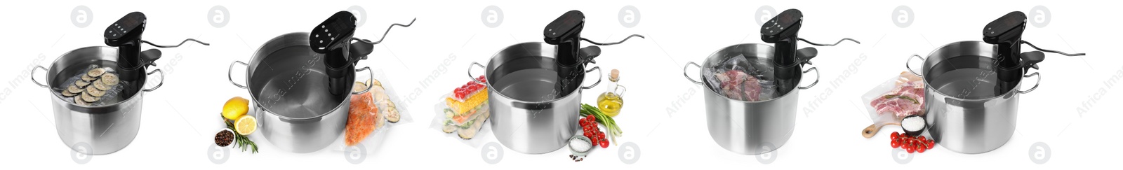 Image of Collage with sous vide cookers in pots and vacuum packed products isolated on white. Thermal immersion circulator