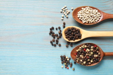 Aromatic spice. Different peppers in spoons on light blue wooden table, flat lay. Space for text