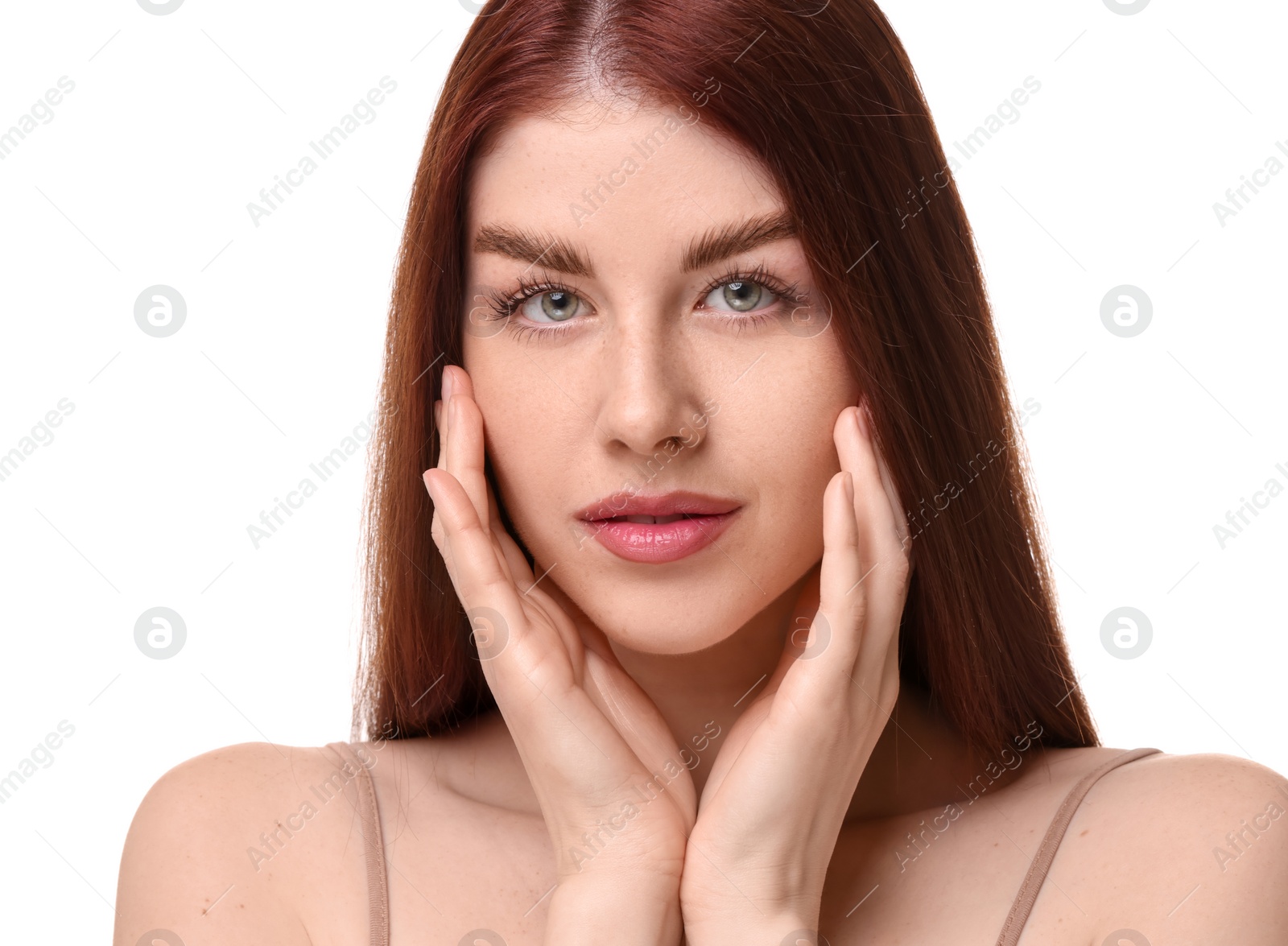 Photo of Portrait of beautiful woman on white background