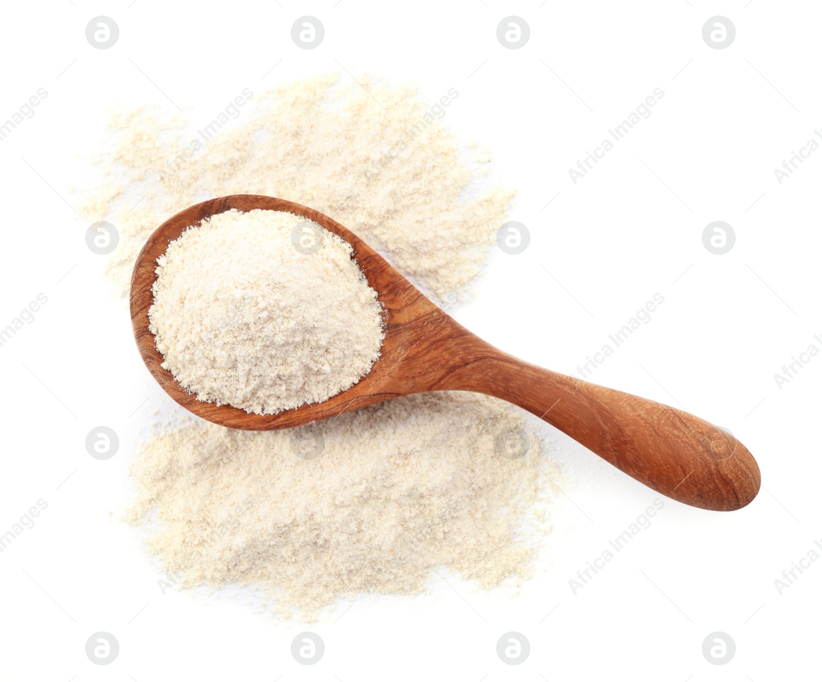 Photo of Wooden spoon with quinoa flour on white background, top view