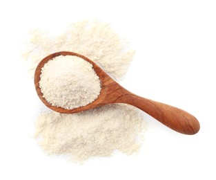 Photo of Wooden spoon with quinoa flour on white background, top view