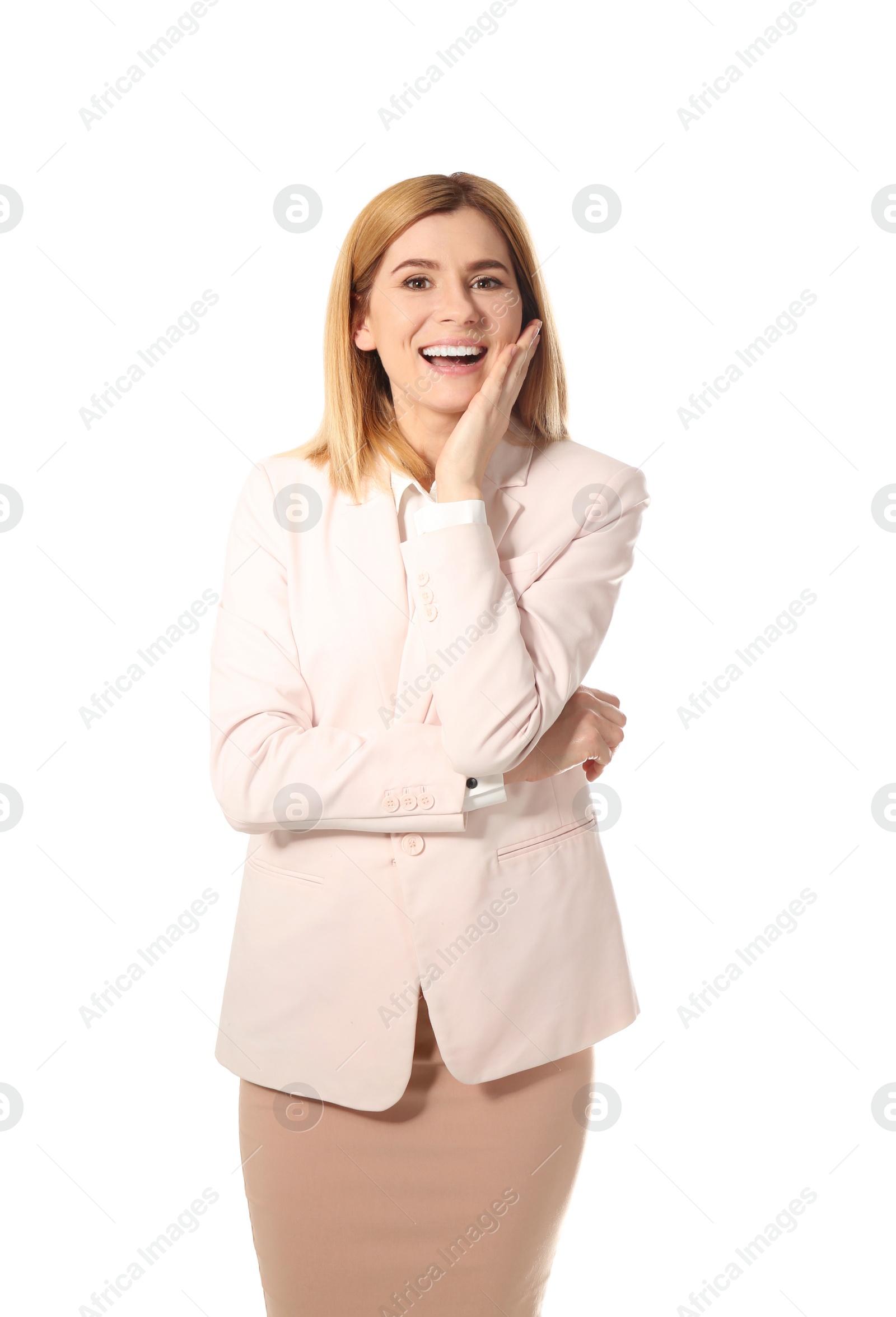 Photo of Portrait of emotional successful businesswoman on white background