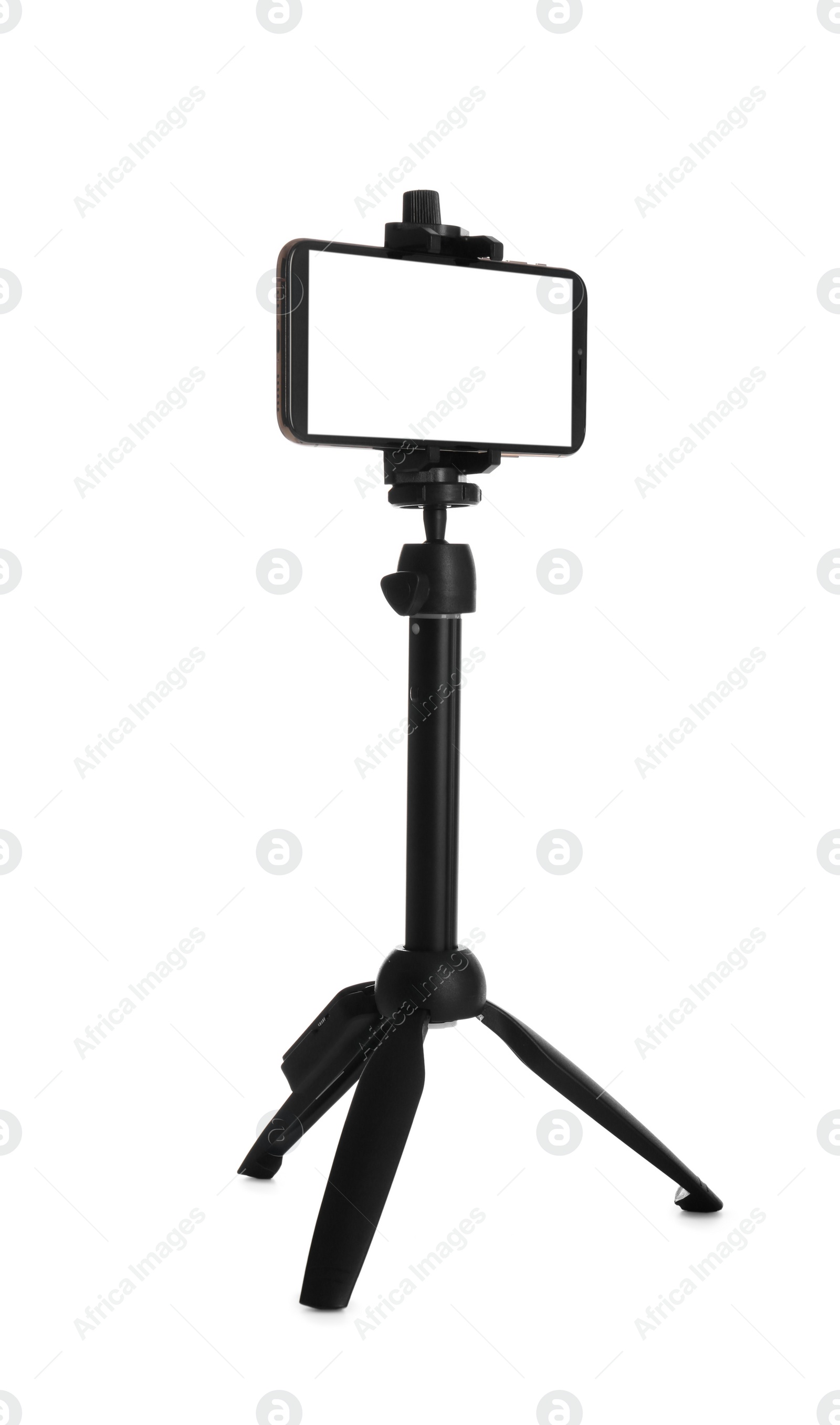 Photo of Smartphone with blank screen fixed to tripod on white background, mockup for design