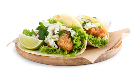 Photo of Yummy fish tacos with lettuce isolated on white