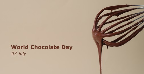 Image of World Chocolate Day - July 7. Whisk with ymmu cream on color background, closeup. Banner design