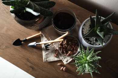 Beautiful houseplants and gardening tools on wooden table, top view