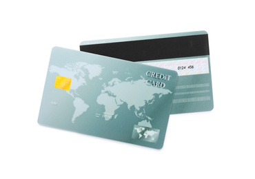 Grey plastic credit cards on white background