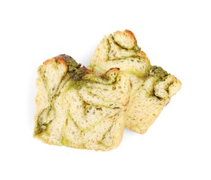 Slices of freshly baked pesto bread isolated on white, top view