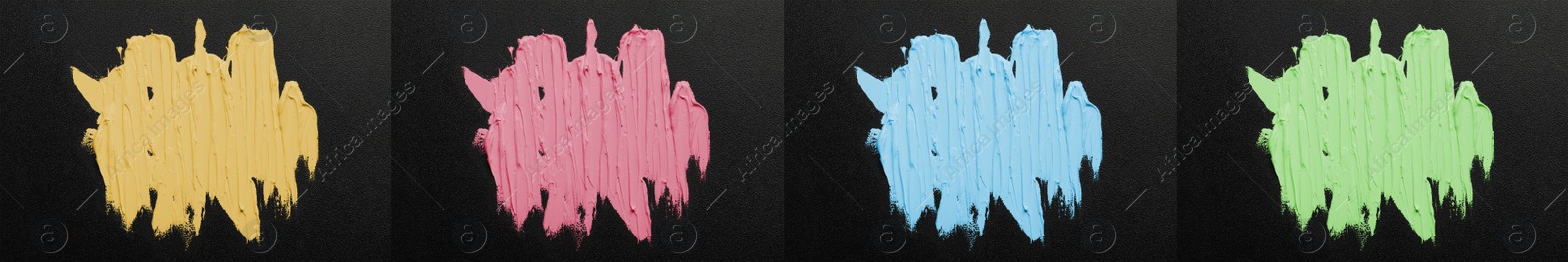 Image of Set with strokes of different oil paints on black canvas, top view. Banner design