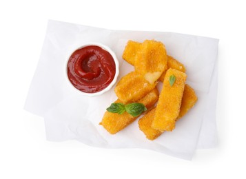 Photo of Tasty fried mozzarella sticks with basil leaves and ketchup isolated on white, top view